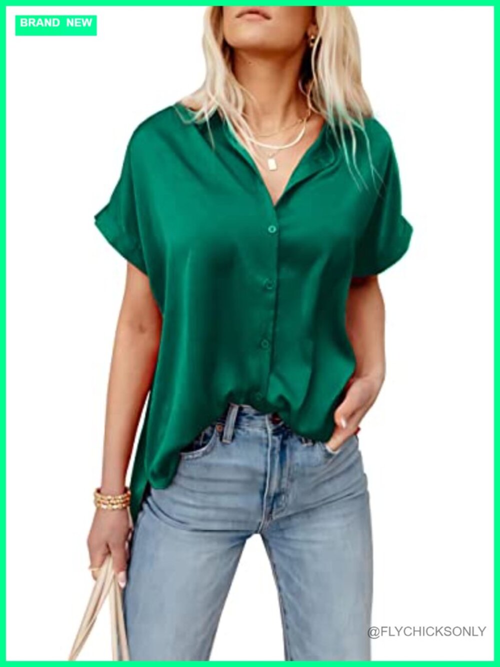 Women's Satin Button Down Short Sleeve V-Neck Business Blouse